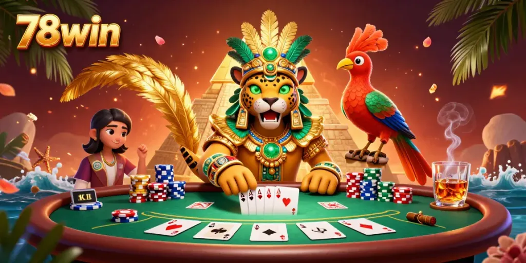 Engage with a vibrant casino scene at 78win featuring a legendary Mayan jaguar priest amidst poker action.
