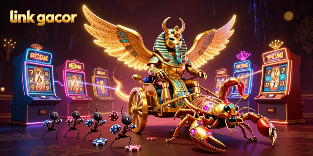 Spin the reels at link gacor with a mythical beetle and scorpions in a vibrant casino scene.