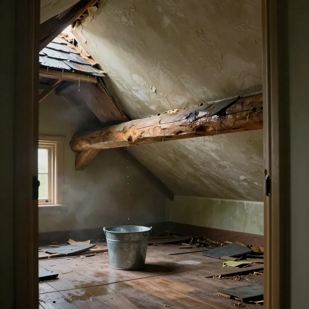 Zolderkamer met dakschade na storm, emmer onder een lek en een scheve balk