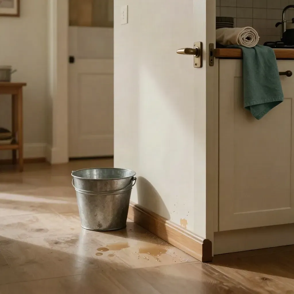 Keuken in huurwoning met vochtplek, emmer, theedoek en halfopen deur naar de gang.