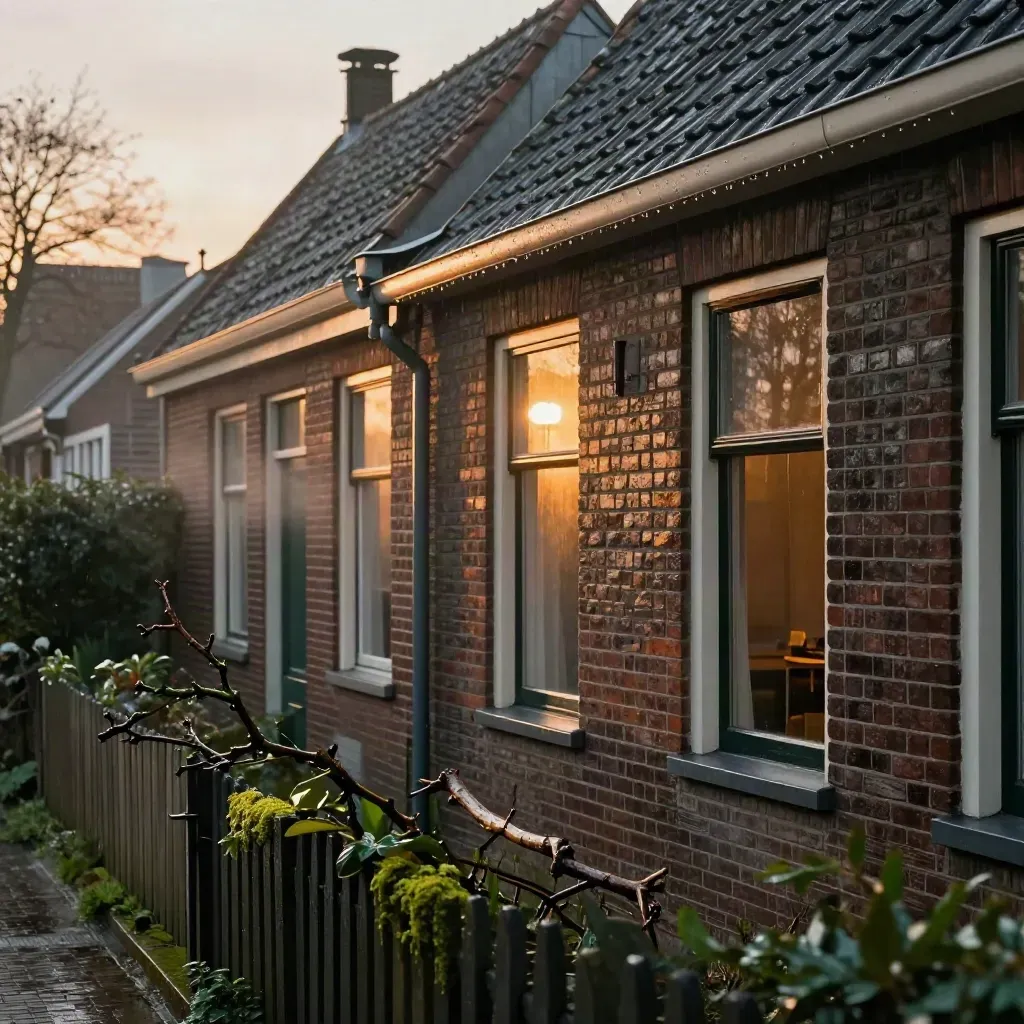 Rijtjeshuis met stormschade: losse dakpan, natte goot en gebroken tak in de voortuin.