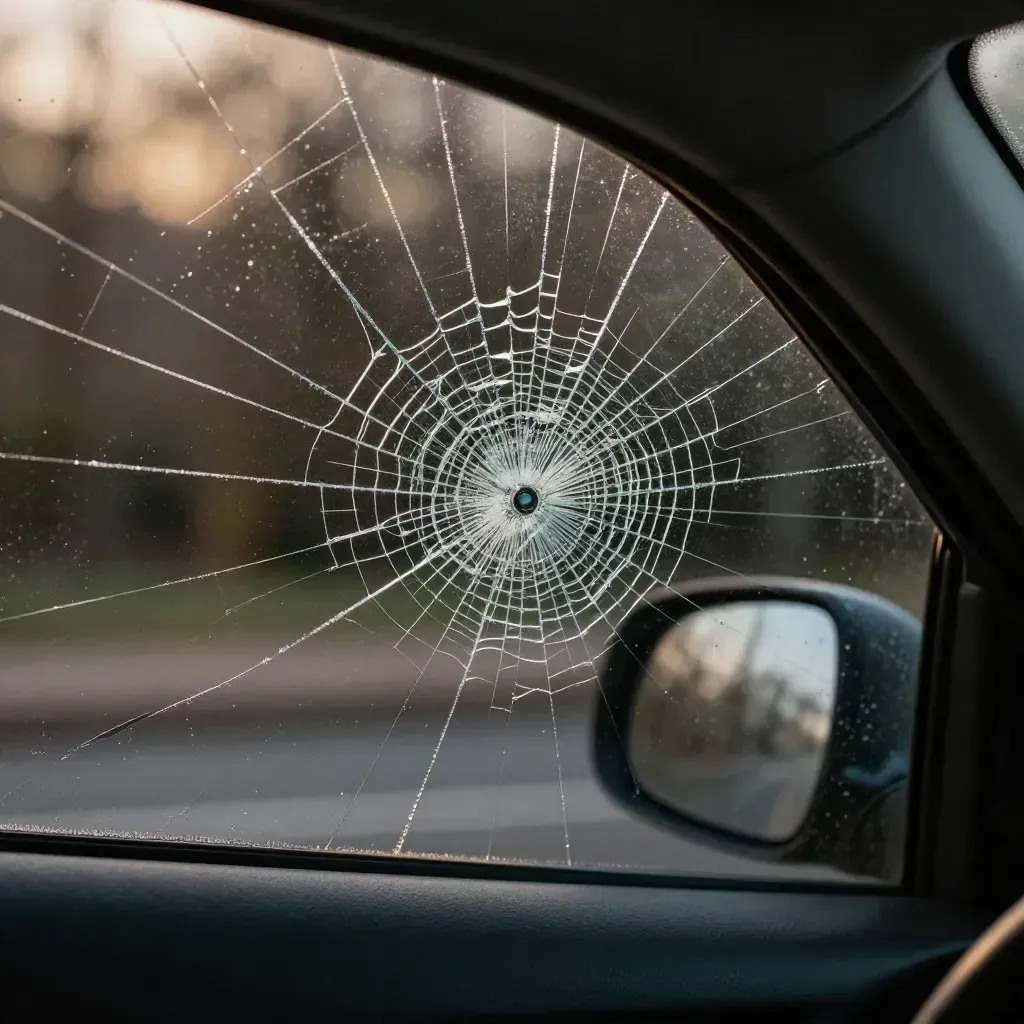 Barst in een autoruit van binnenuit, met condens en zachte straatlichten buiten.
