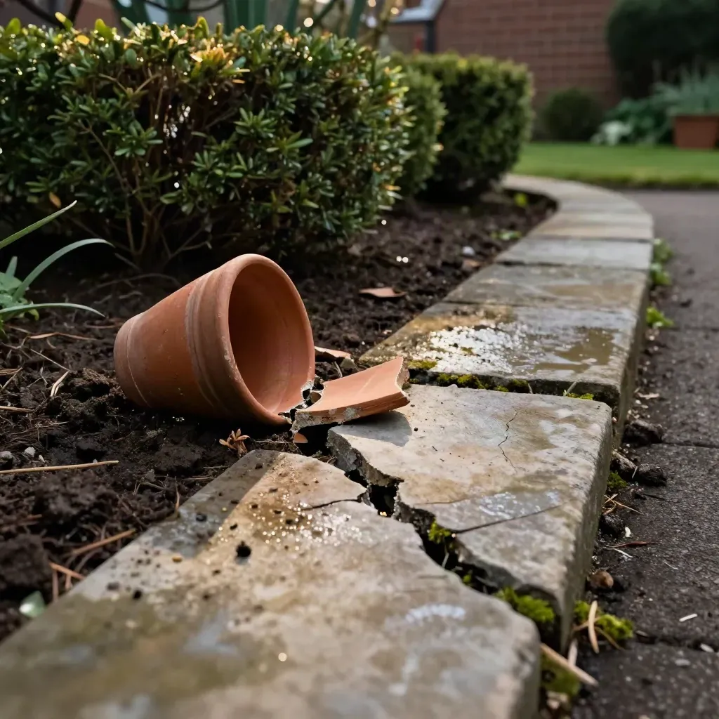 Beschadigd tuinpad bij de erfgrens met kapotte terracotta pot en verschoven stoeptegel in schemering.