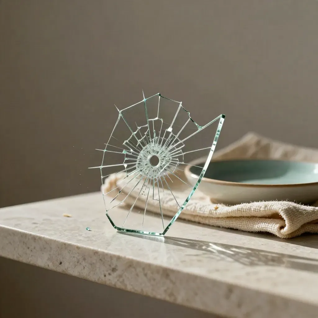 Gebarsten glasfragment met sterbreuken, doek en keramisch schaaltje op stenen plank.