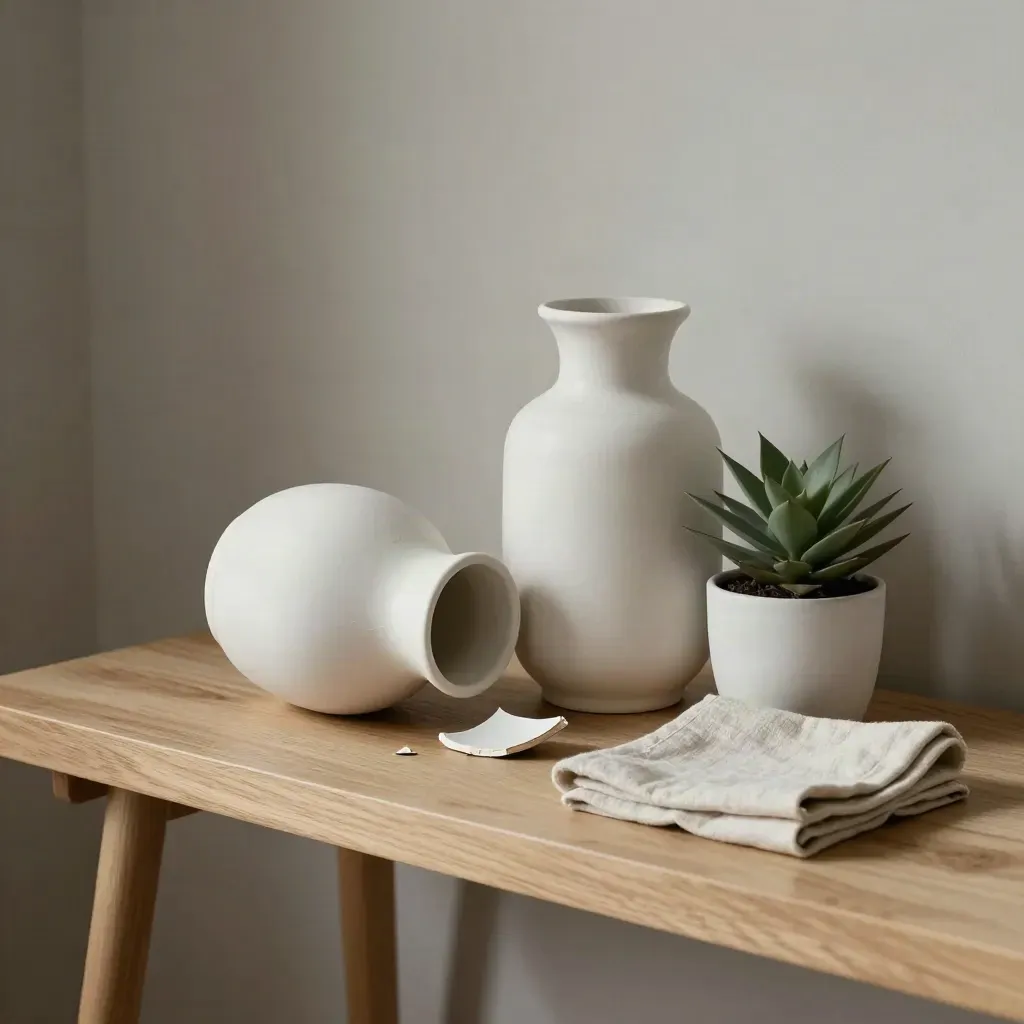 Omkantelde vaas met scherven, intacte vaas, plant en linnen servet op lichte houten plank.
