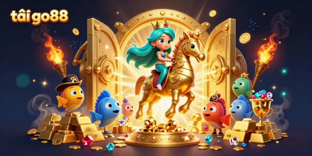 Experience the excitement of downloading tải go88, featuring a vibrant casino-themed illustration with a mermaid princess and treasures.