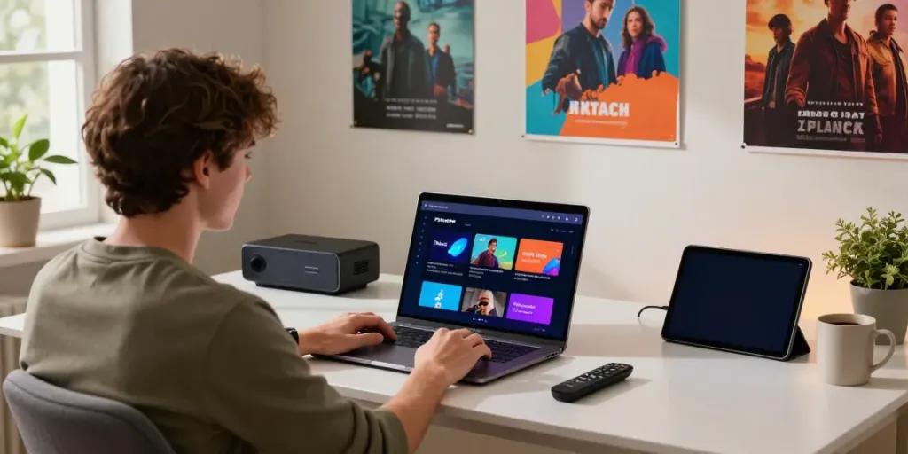 Home workspace with user accessing Pikashow APK download on laptop, surrounded by streaming devices and a cozy atmosphere.