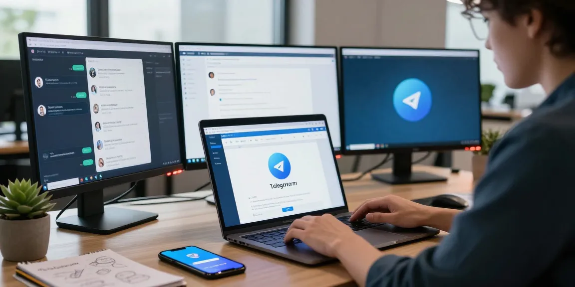 Professional using Telegram Web Version on laptop in a modern workspace with screens and notepad.