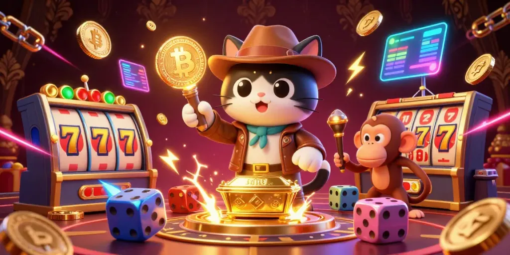 Experience slot gacor excitement with a cat archaeologist in a casino, illuminated by coins and jackpot symbols.