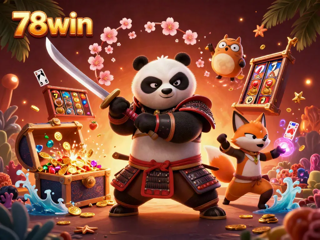 Engage in jackpot excitement with 78win's thrilling casino scene featuring vibrant characters and slot elements.